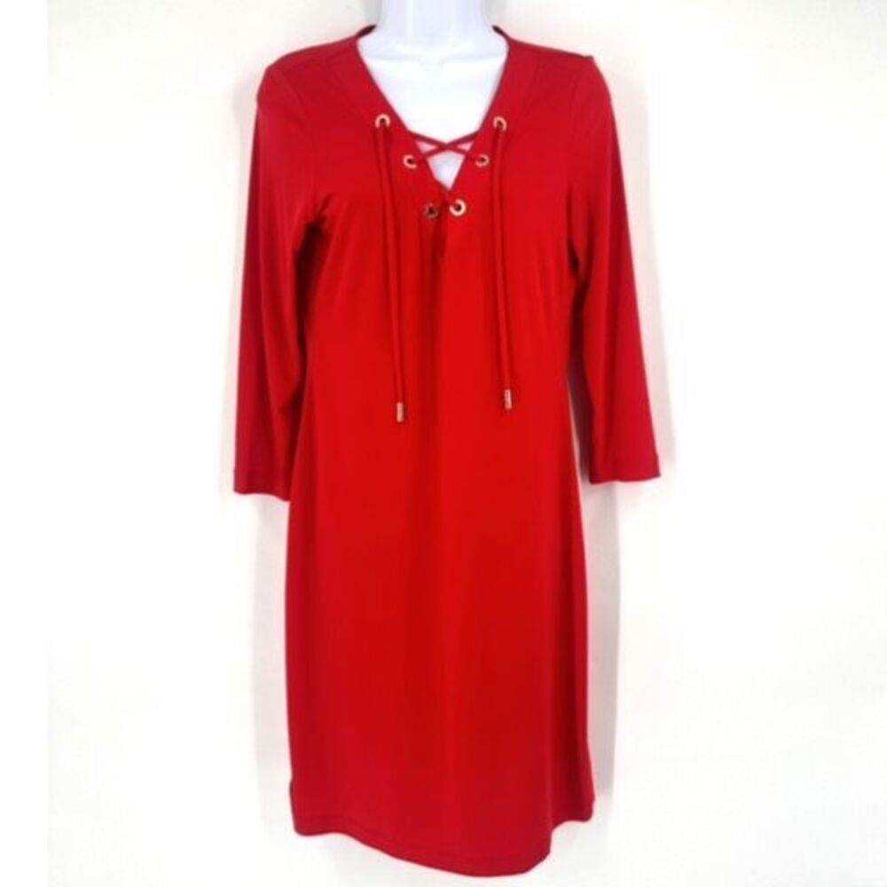 Calvin Klein Women's Lace Up 3/4‎ Sleeve Shift Cocktail Dress Cherry Red Size 8